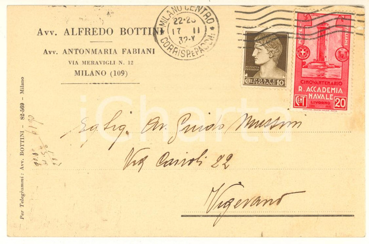 1932 MILANO Cartolina avv. Alfredo BOTTINI - Cinquantenario Accademia Navale