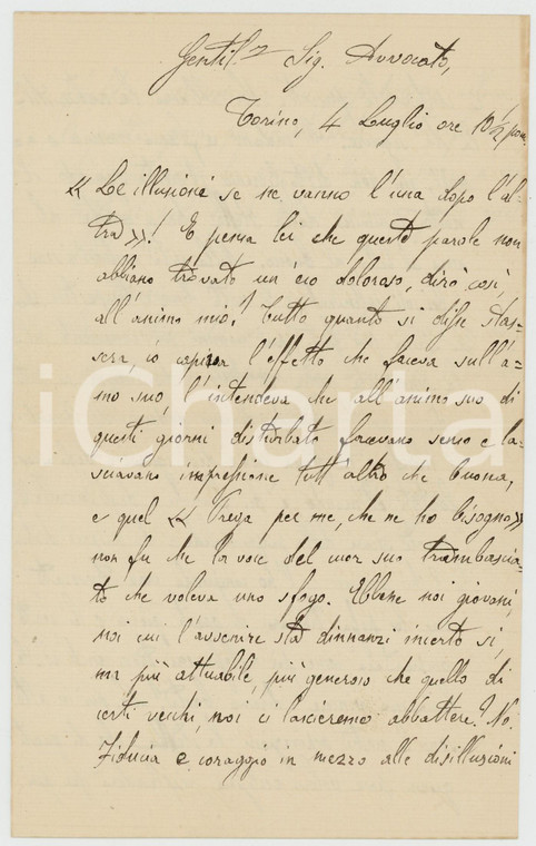 1893 TORINO Sac. Giacomo CARDANO incita alla fiducia nel futuro *Autografo