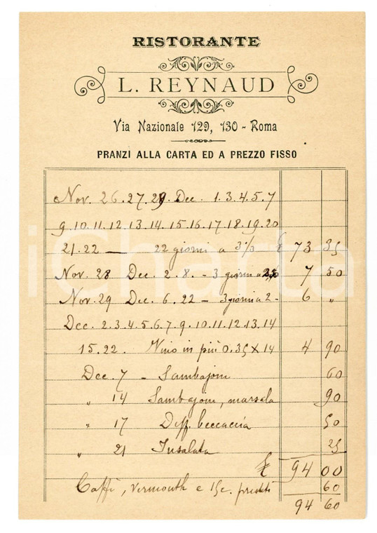 1896 ROMA via Nazionale - Ristorante Luigi REYNAUD - Ricevuta manoscritta