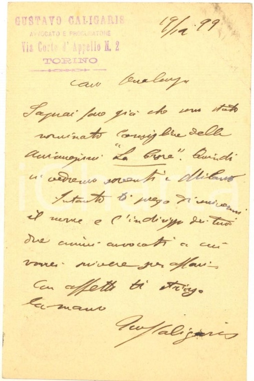 1899 TORINO Avv. proc. Gustavo CALIGARIS annuncia la sua nomina *Cartolina