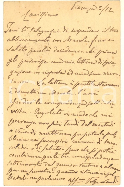 1896 PIACENZA Giovanni Battista VOLPE LANDI chiede una lettera da pubblicare