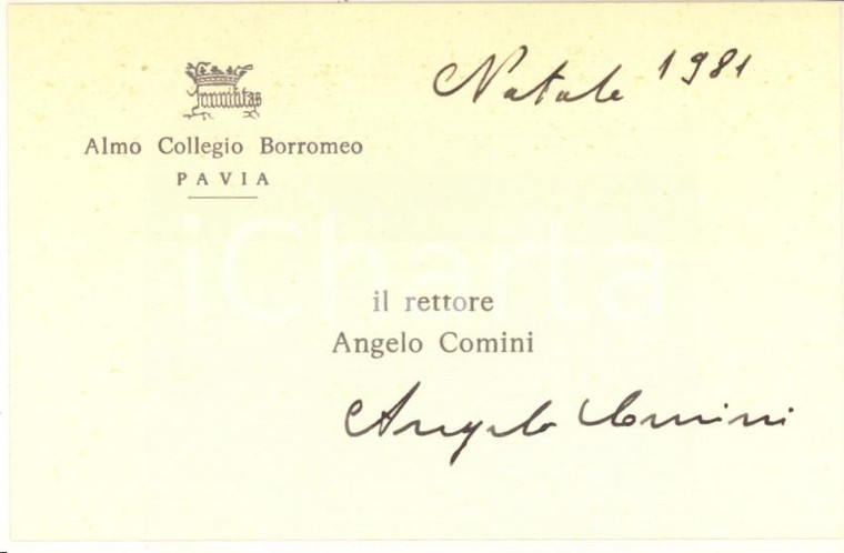 1981 PAVIA ALMO COLLEGIO BORROMEO Biglietto da visita rettore Angelo CONTINI