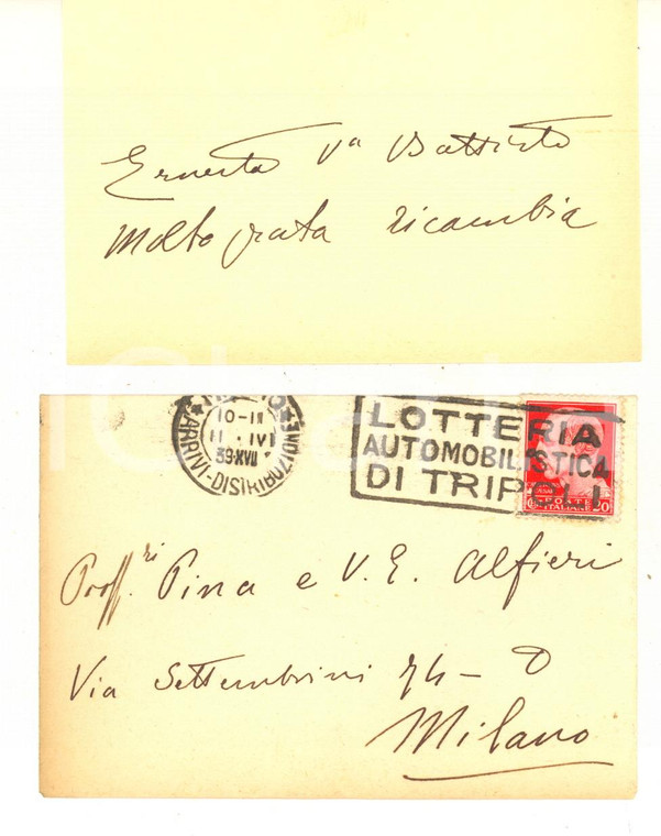 1939 TRENTO Biglietto Ernesta BITTANTI BATTISTI per ringraziamento *AUTOGRAFO