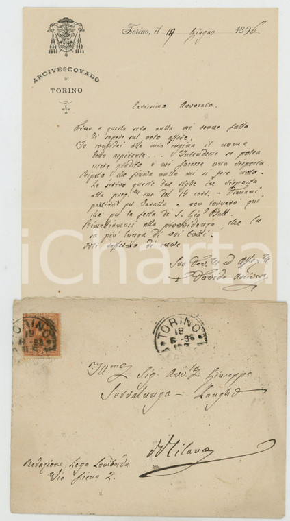 1896 TORINO Lettera mons. Davide RICCARDI su un aspirante intendente *Autografo
