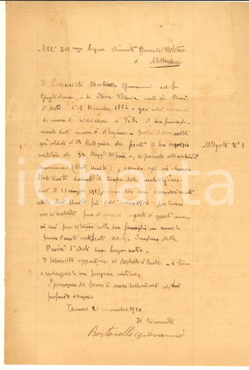 1920 WW1 PIOVA' (AT) Lettera soldato Giovanni BERTORELLO accusato di diserzione