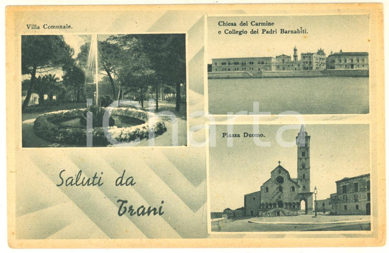 1945 TRANI Vedutine con chiesa Carmine e collegio BARNABITI *Cartolina FP VG