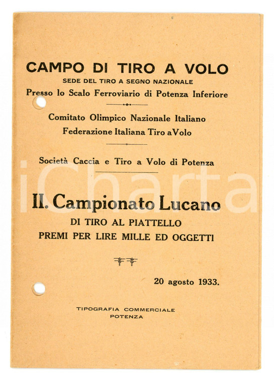 1933 POTENZA INFERIORE Programma campionato lucano di TIRO AL PIATTELLO