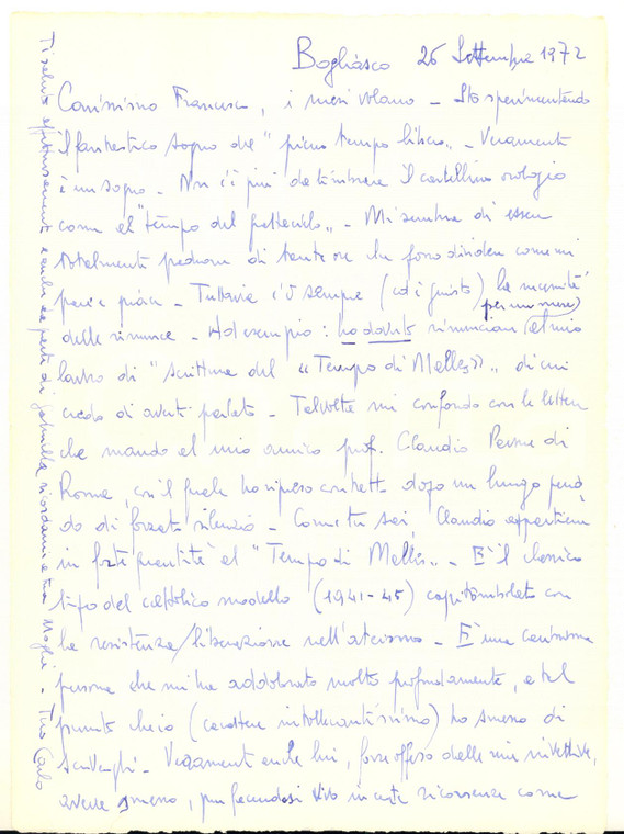 1972 BOGLIASCO Carlo MARTINENGHI rinuncia al "Tempo di Melles" *Lettera
