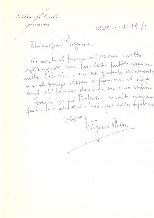 1971 MILANO Istituto dei Ciechi - Lettera presidente Virginio POZZI *Autografo