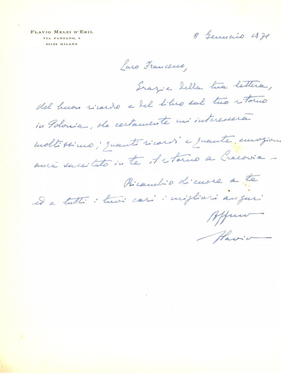 1971 MILANO Conte Flavio MELZI D'ERIL ringrazia per un libro ricevuto *Lettera