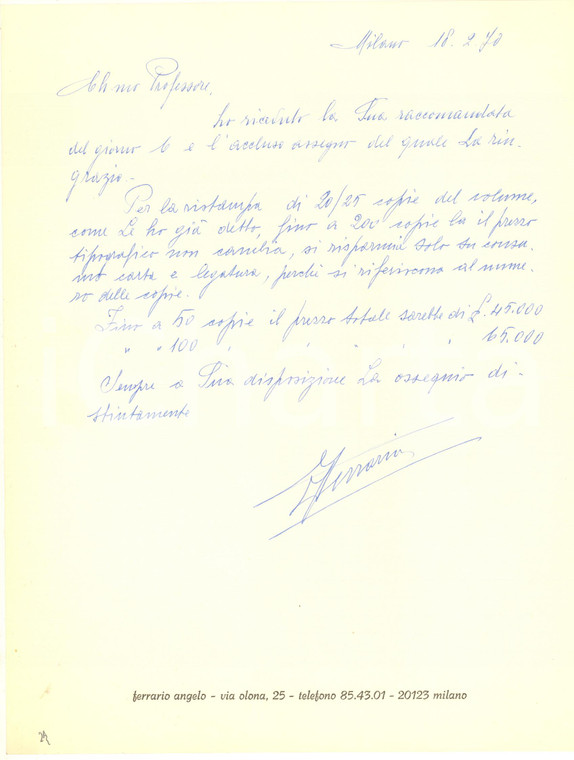 1970 MILANO Angelo FERRARIO sulla ristampa di un libro di Francesco MELZI D'ERIL