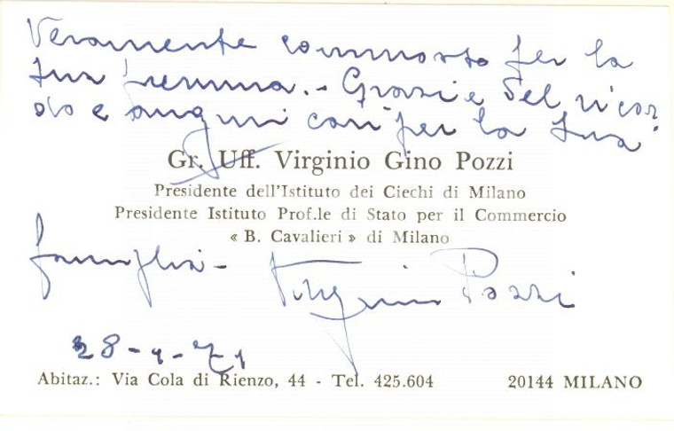 1971 MILANO Istituto dei Ciechi - Biglietto presidente Virginio POZZI *Autografo