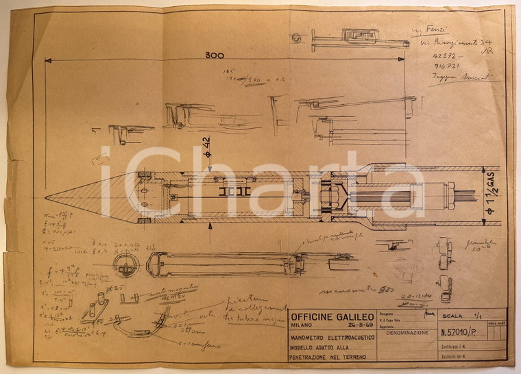 1969 OFFICINE GALILEO MILANO Manometro elettroacustico *Schema 40x30 cm