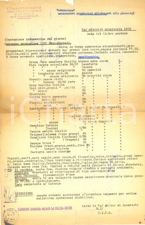 1959 CATANIA COMMISSIONARIA INSULARE Listino produzione semi cereali *VIAGGIATO