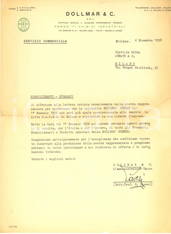 1958 MILANO Ditta DOLLMAR Lettera per rappresentanza della SOCIETA' COMMER