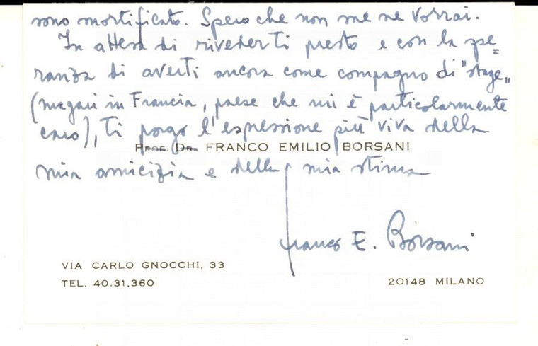 1971 MILANO Prof. Franco Emilio BORSANI - Biglietto da visita AUTOGRAFO