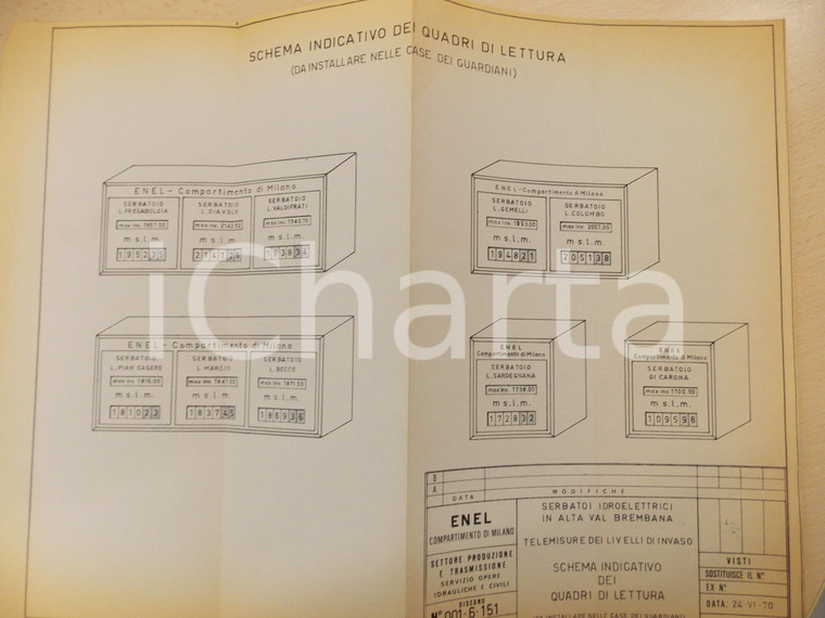 1970 ENEL MILANO Serbatoi ALTA VAL BREMBANA Schema quadri lettura 40x30 cm