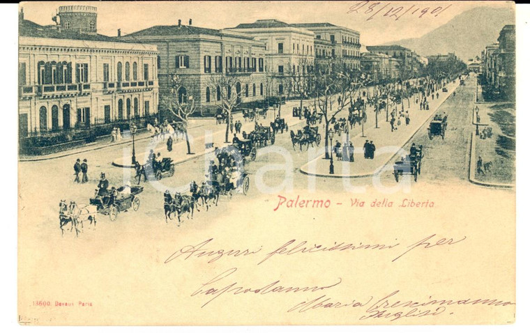 1902 PALERMO Via della LIBERTA' con carrozze e passanti *Cartolina FP VG