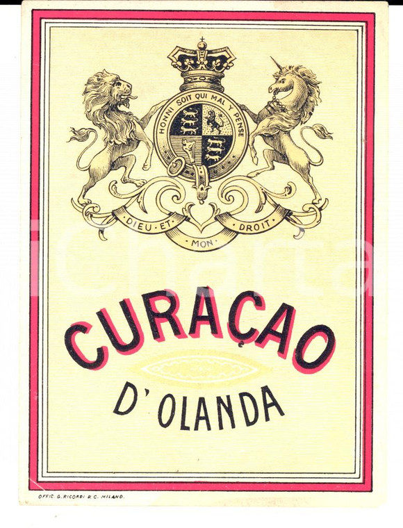 1950 ca Liquore CURACAO D'OLANDA Etichetta pubblicitaria VINTAGE 9x13 cm