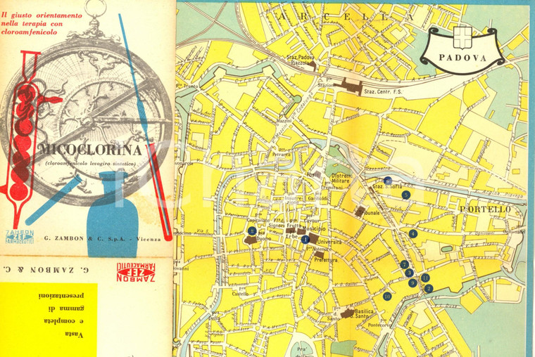 1956 Farmaceutica ZAMBON - MICOCLORINA - Mappa PADOVA pubblicitaria pieghevole