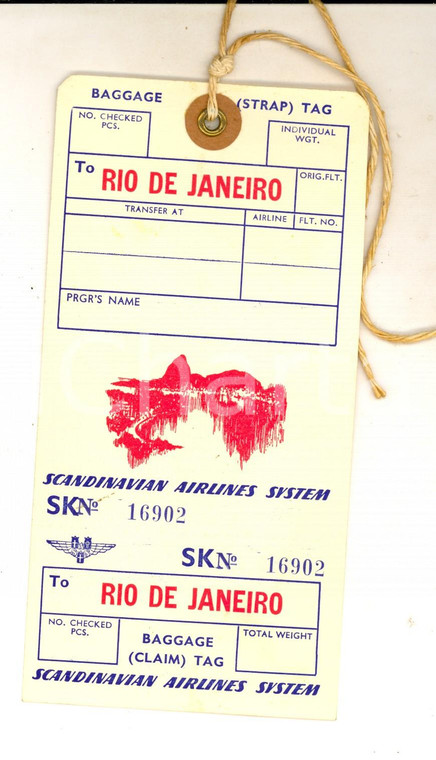 1970 ca SCANDINAVIAN AIRLINES SYSTEM Etichetta bagagli RIO DE JANEIRO *VINTAGE