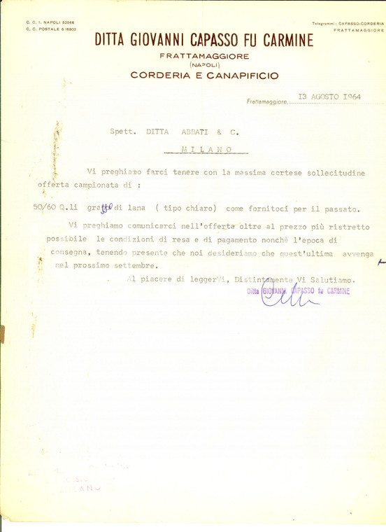 1964 FRATTAMAGGIORE Ditta Giovanni CAPASSO Corderia - Ordine grasso di lana