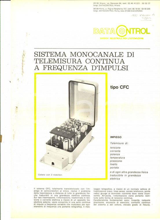 1970 MILANO DATA CONTROL Sistema monocanale di telemisura continua a frequenza