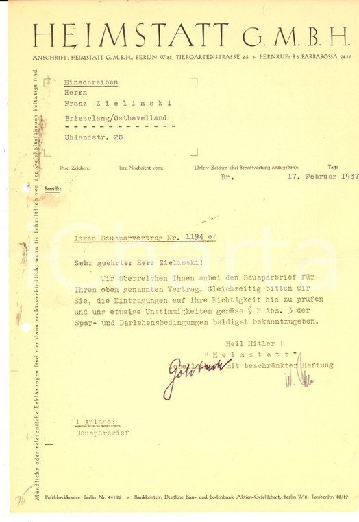 1937 BERLIN HEIMSTATT G.M.B.H. Lettera su premio assicurazione Franz ZIELINSKI