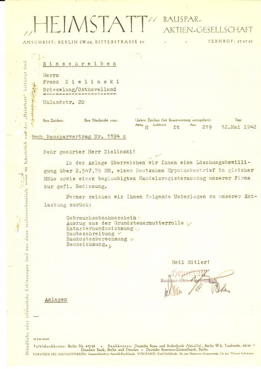 1942 BERLIN HEIMSTATT G.M.B.H. Lettera su premio assicurazione Franz ZIELINSKI