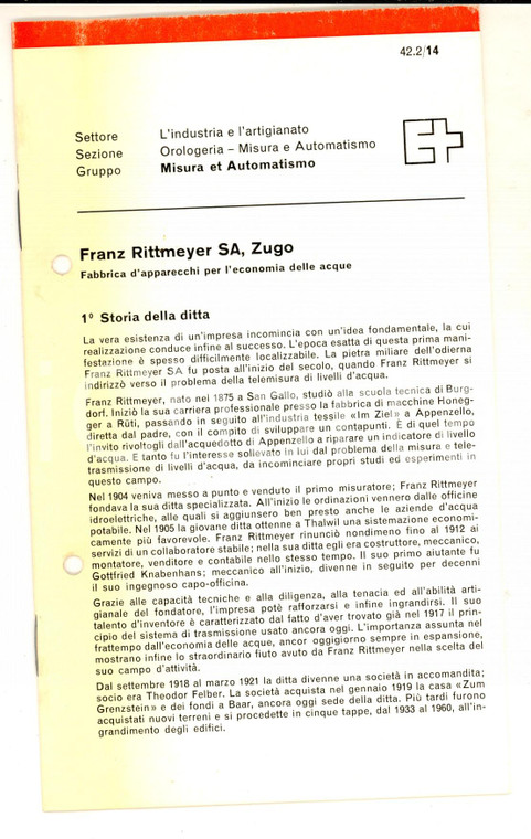 1970 ca ZUGO FRANZ RITTMEYER SA Fabbrica apparecchi per l'economia delle acque