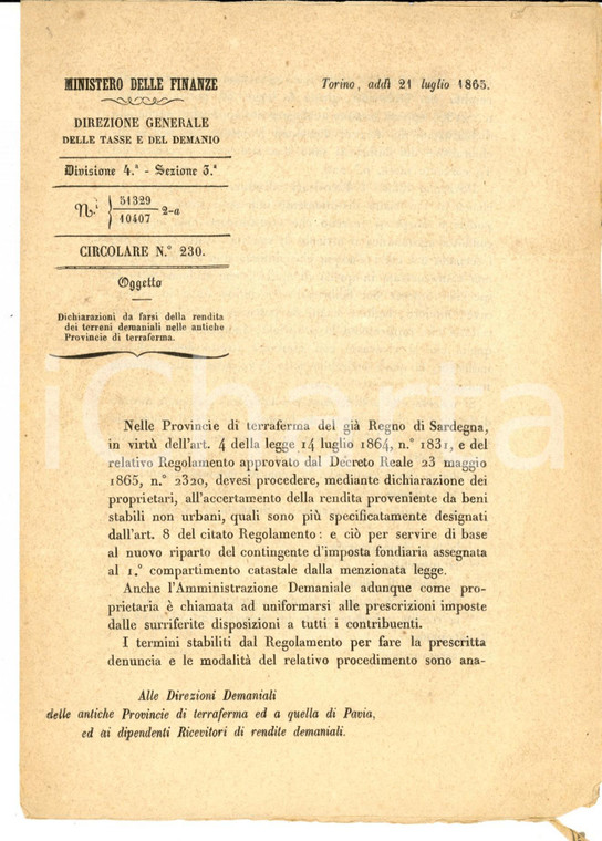 1865 TORINO MINISTERO DELLE FINANZE Dichiarazioni su terreni demaniali *Lettera