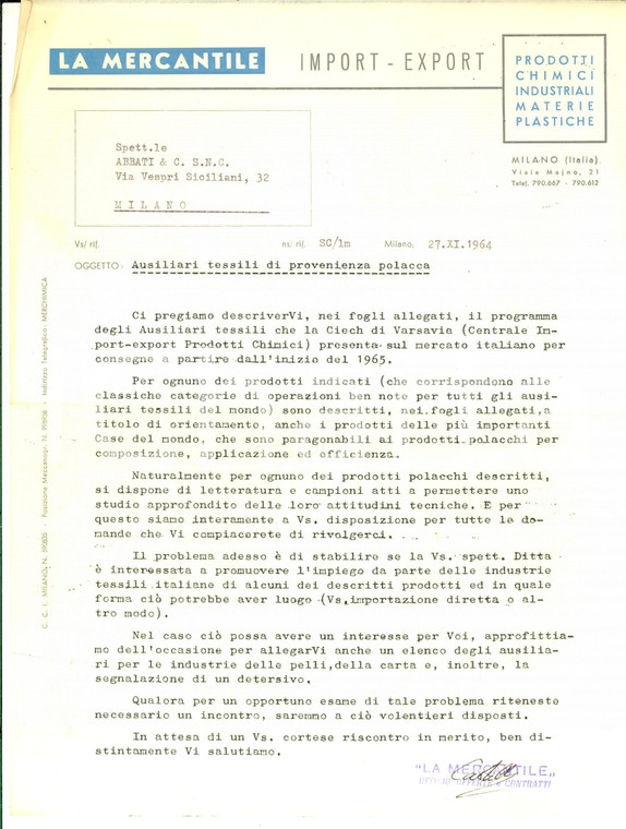 1964 MILANO LA MERCANTILE  Lettera per ausiliari tessili di provenienza polacca