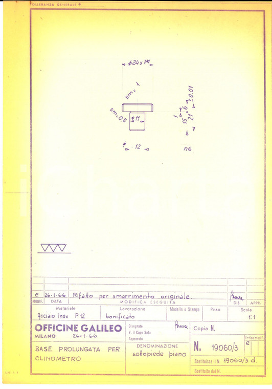 1966 OFFICINE GALILEO MILANO Base per clinometro - Sottopiede piano *Schema