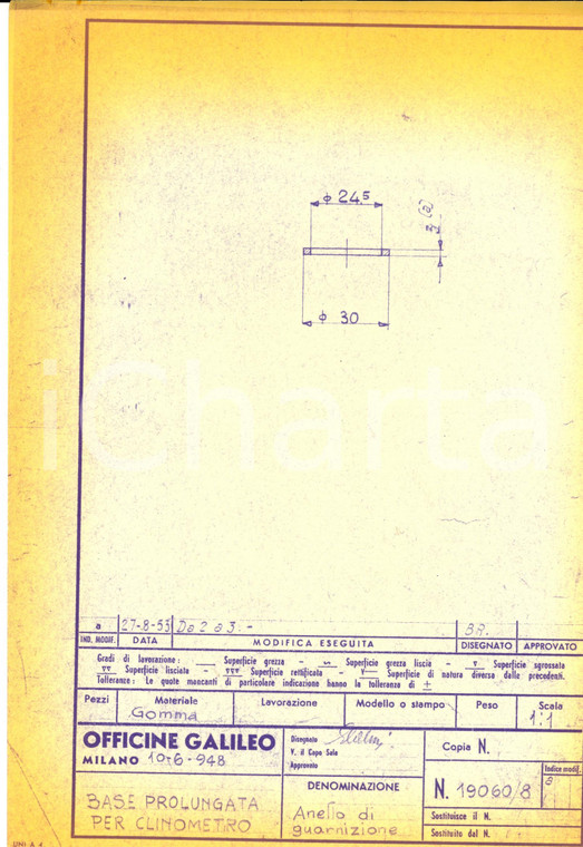 1948 OFFICINE GALILEO MILANO Base per clinometro - Anello guarnizione *Schema