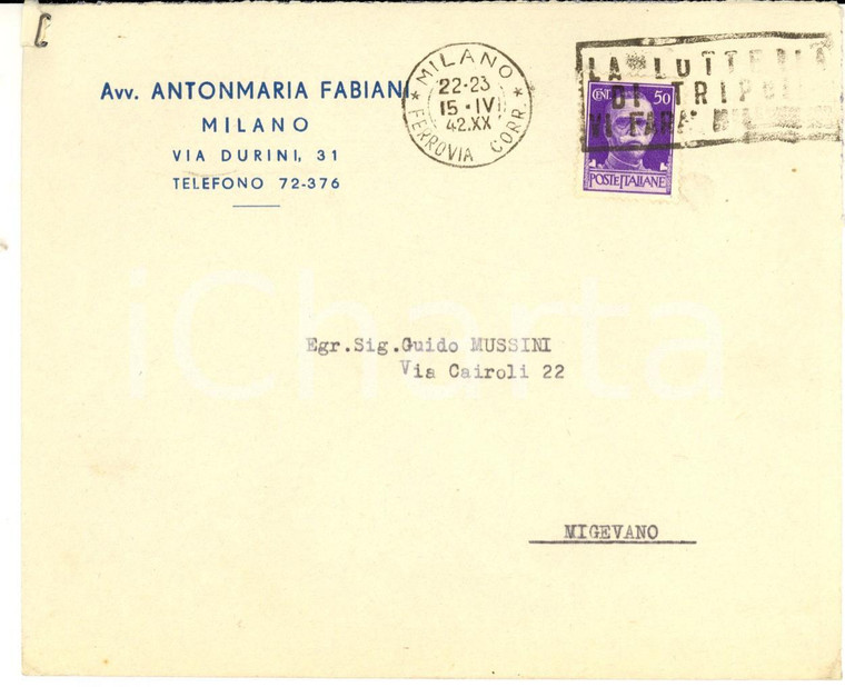 1942 STORIA POSTALE Busta Antonmaria FABIANI cent. 50 imperiale LOTTERIA TRIPOLI