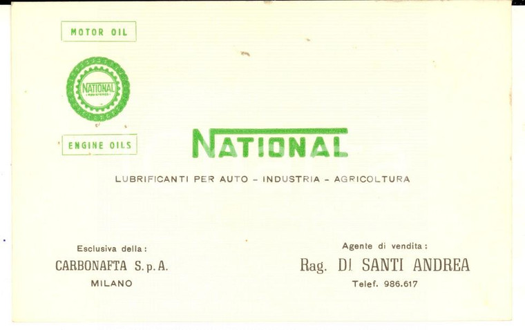 1950 ca MILANO CARBONAFTA Lubrificanti NATIONAL *Cartoncino pubblicitario