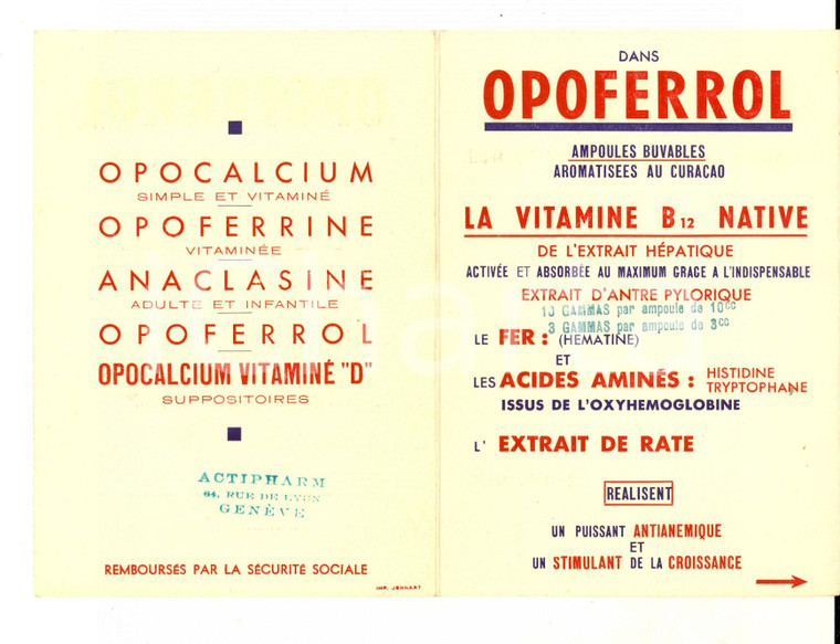 1950 ca PARIS Laboratoires de l'OPOCALCIUM *Pubblicità farmaceutica OPOFERROL