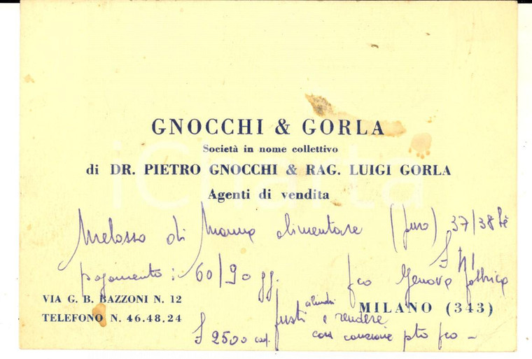1960 ca MILANO Agenti di vendita GNOCCHI & GORLA *Cartoncino pubblicitario