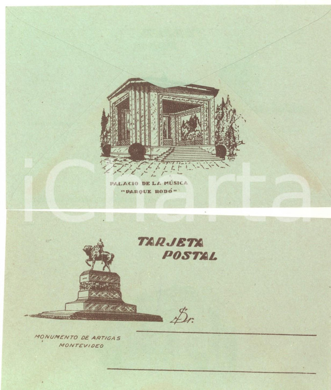 1950 ca STORIA POSTALE MONTEVIDEO Busta monumento ARTIGAS / Palacio musica