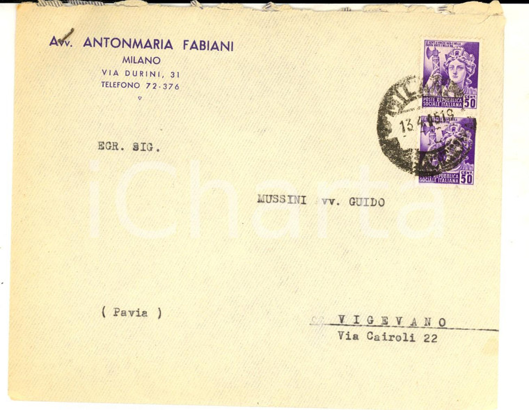 1945 STORIA POSTALE RSI MILANO Busta Antonmaria FABIANI Coppia cent. 50 Italia