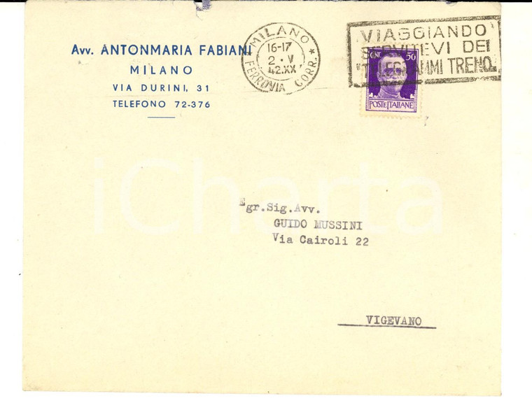 1942 STORIA POSTALE Busta Antonmaria FABIANI cent. 50 imperiale TELEGRAMMI TRENO