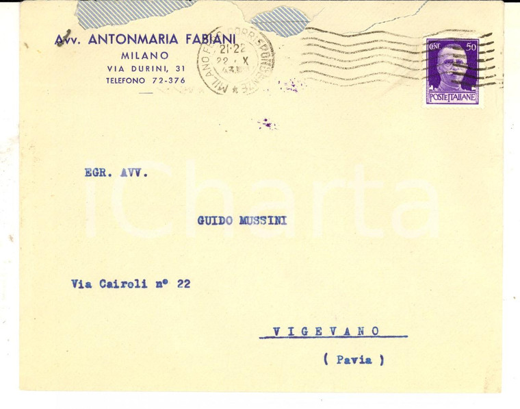 1943 STORIA POSTALE MILANO Busta Antonmaria FABIANI cent. 50 imperiale isolato 