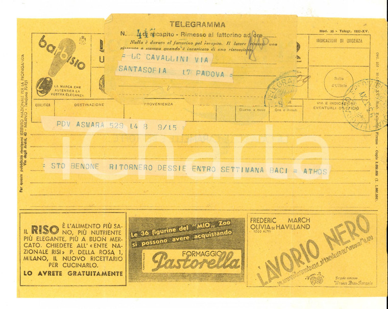 1937 ASMARA Telegramma pubblicitario Formaggio PASTORELLA - Film L'AVORIO NERO
