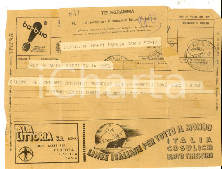 1938 BRINDISI Telegramma pubblicitario ALA LITTORIA -  LLOYD TRIESTINO -BARBISIO