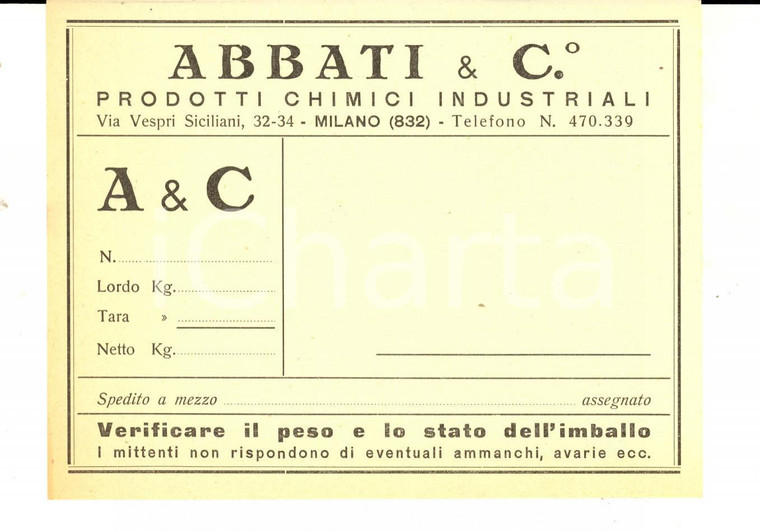 1950 ca MILANO Ditta ABBATI Prodotti chimici industriali ^Etichetta spedizioni