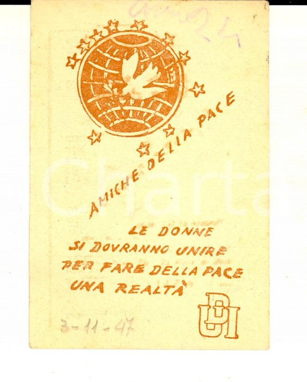 1947 UNIONE DONNE ITALIANE Biglietto Giornata Internazionale della Pace