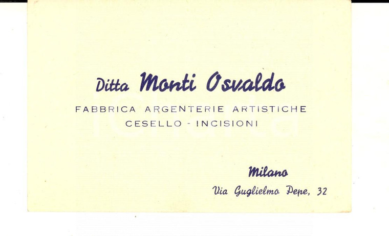 1950 ca MILANO Ditta Osvaldo MONTI Argenterie *Cartoncino pubblicitario