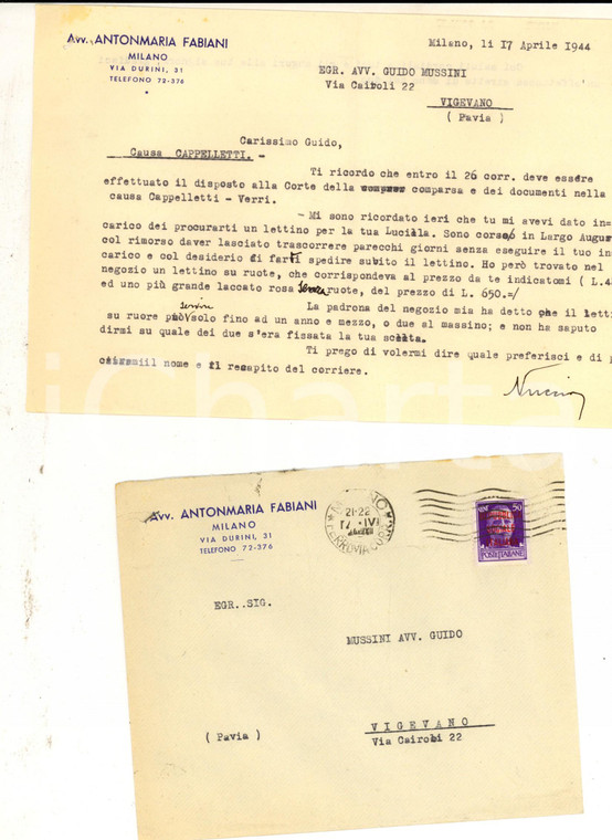 1944 STORIA POSTALE RSI MILANO Lettera Antonmaria FABIANI 50 cent sovrastampa