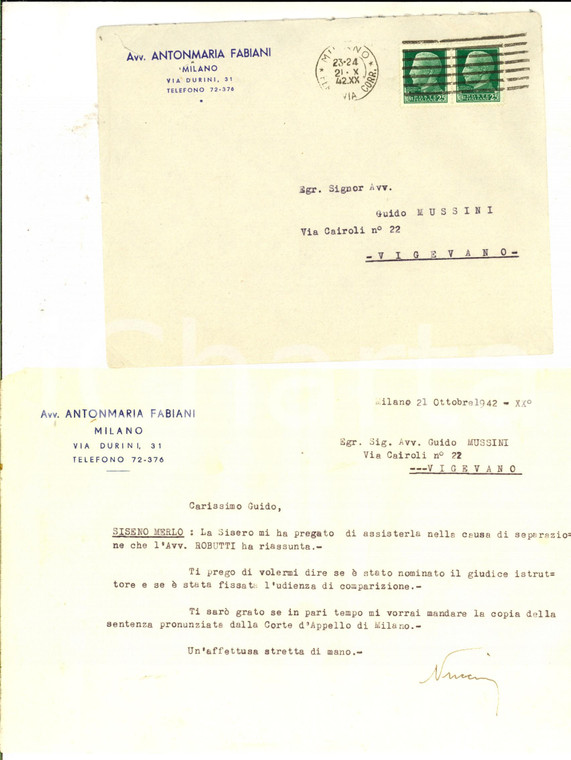 1942 STORIA POSTALE MILANO Lettera avv. FABIANI Coppia 25 cent Imperiale