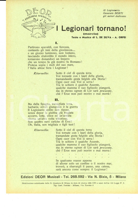1938 L. DE SILVA - A. ORFEI I Legionari tornano! *Volantino con testo canzone
